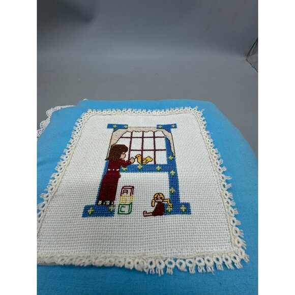 Handmade Blue Throw Pillow Cross Stitch Child bird Design White Lace Trim READ - Picture 5 of 8